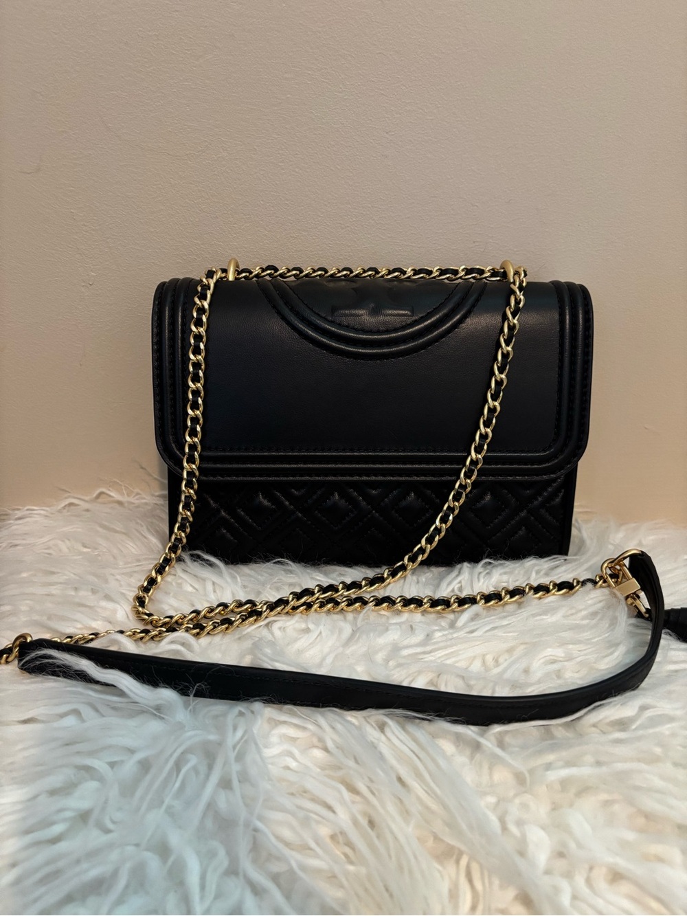 Tory Burch Fleming Black Quilted Crossbody with Gold Chain